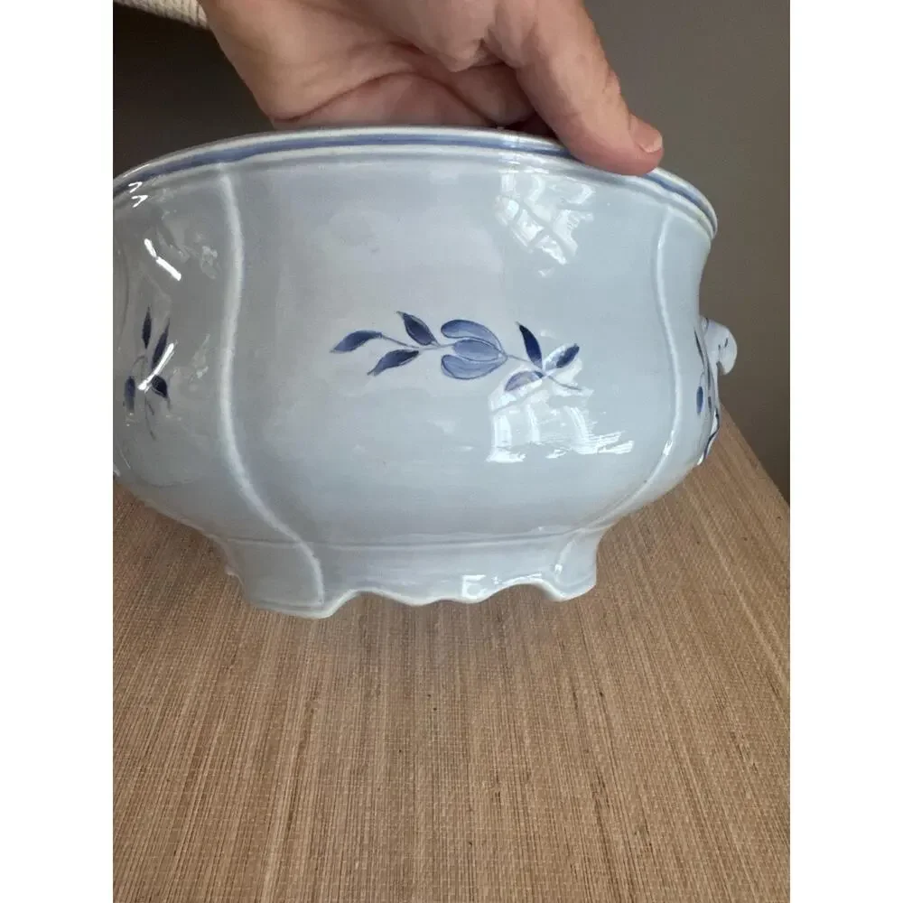 Vintage French Country Longchamp Tureen – Tulip Blue Faience Serving Bowl
